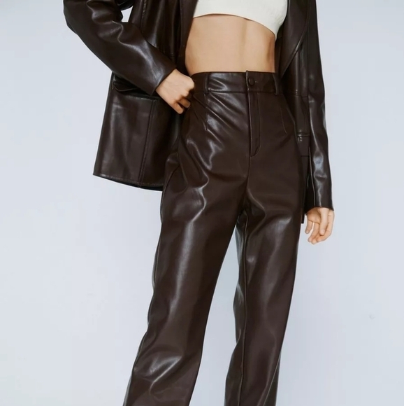 NASTY GAL Premium Faux Leather High Waisted Trouser in Chocolate Brown - Picture 2 of 15